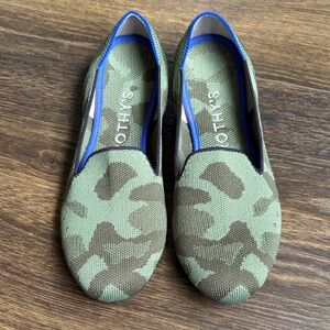 Rothy's Green Camouflage Flats with Blue Trim camo loafers
